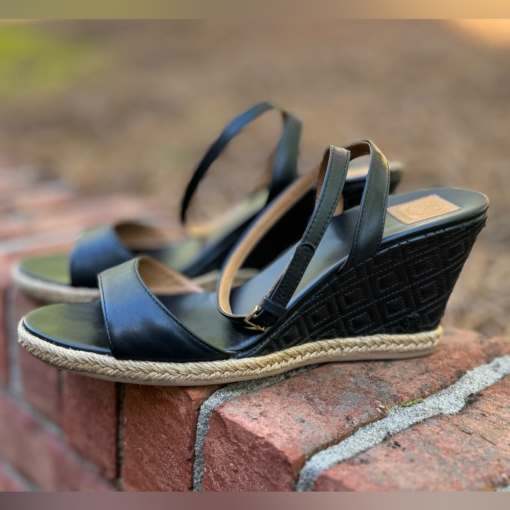 Tory Burch Landon wedge espadrille sandals with quilted black leather heel